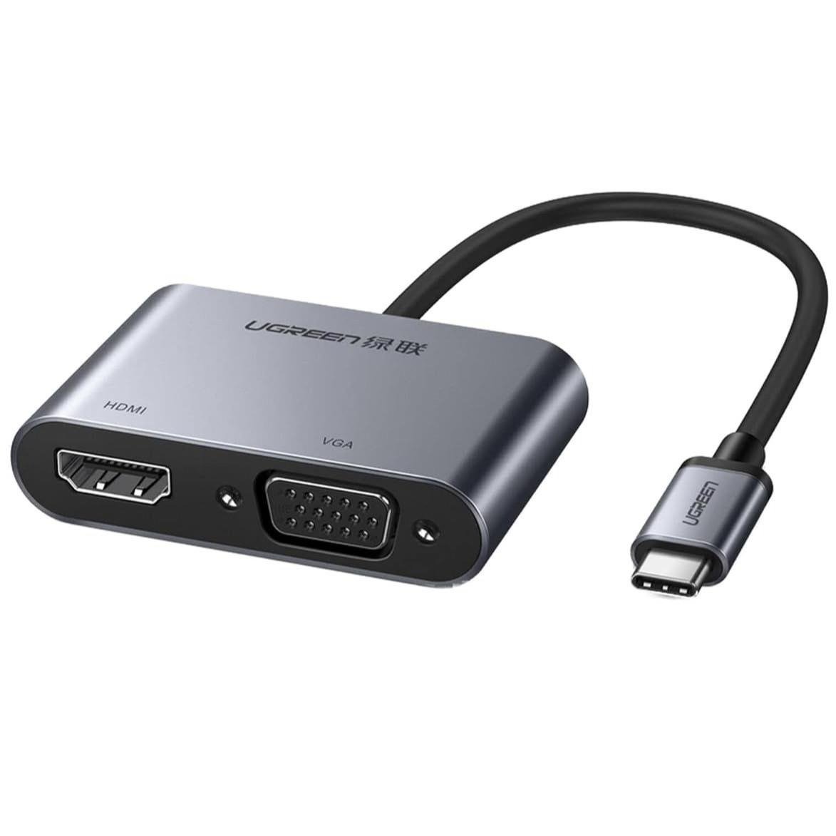 The UGREEN USB-C To HDMI+VGA+USB 3.0 Converter Gray with PD is a versatile 4-in-1 desktop hub designed to turn a single Thunderbolt or USB-C port into a full workstation station. Featuring 4K@30Hz HDMI output, 1080P@60Hz VGA display support, a 5Gbps high-speed USB 3.0 data port, and a dedicated 100W USB-C Power Delivery (PD) pass-through charging port, this compact adapter covers all display and expansion needs. Housed in a space gray aluminum alloy casing, it provides active thermal management, driver-free setup, and universal compatibility across USB-C laptops, tablets, and smartphones supporting DP Alt Mode. UGREEN USB-C Converter Performance: 4-in-1 expansion bridging modern USB-C laptops to HDMI monitors, legacy VGA projectors, USB peripherals, and high-speed chargers. Dual Display Output Options: Supports crystal-clear 4K@30Hz HDMI digital output and Full HD 1080P@60Hz analog VGA display output. 100W USB-C Power Delivery: Fast pass-through charging port powers power-hungry laptops like MacBook Pro and Dell XPS while operating attached accessories. 5Gbps USB 3.0 SuperSpeed Transmission: Connects USB flash drives, hard drives, mice, and keyboards with data transfer speeds up to 5Gbps. Premium Space Gray Aluminum Finish: Matches modern laptop aesthetics while offering enhanced EMI shielding and active heat dissipation.